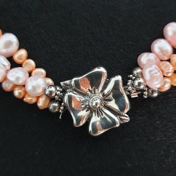 Vintage Sterling Silver 3-Strand Pink & Orange Pearl Necklace with Flower Clasp - Picture 8 of 14
